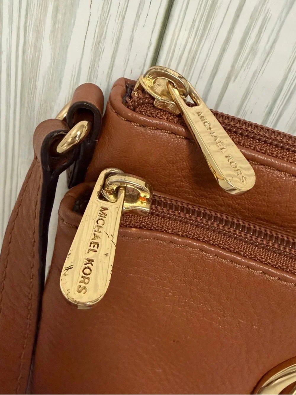Michael Kors Tan Pebbled Leather Crossbody with Gold MK Emblem
